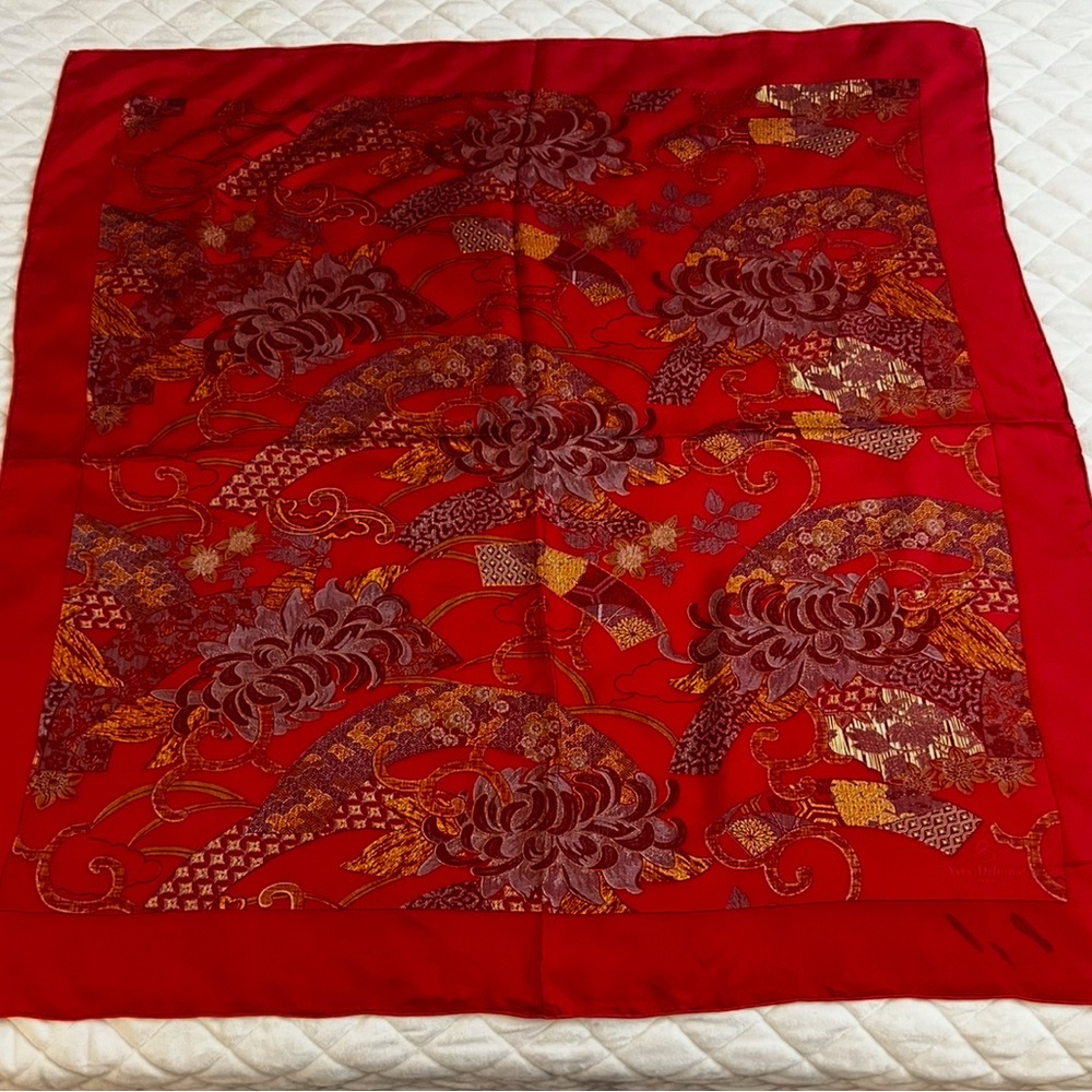 Yves Delorme Silk Scarf  Red and Gold Patterned Fabric